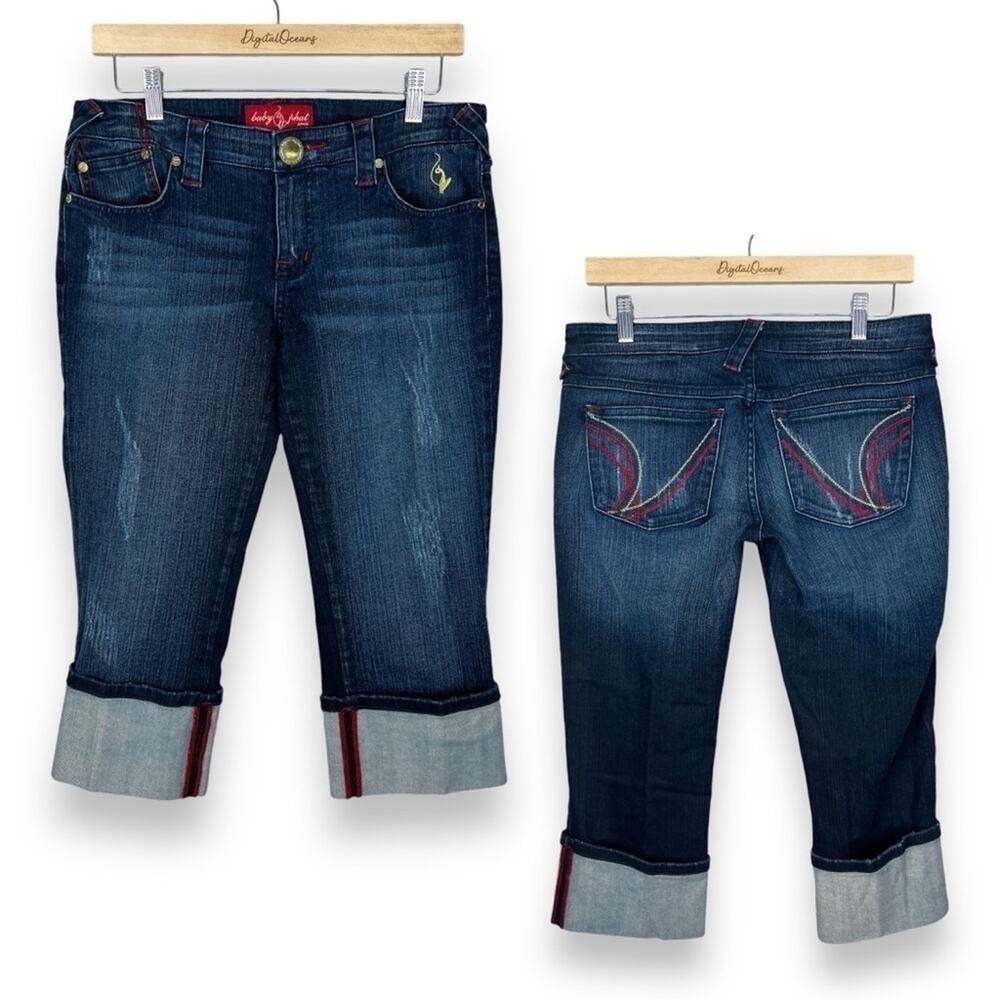 Baby Phat Y2K Embroidered Capri Blue Jeans 7 Vintage Cuffed Red Gold Cat 2000s